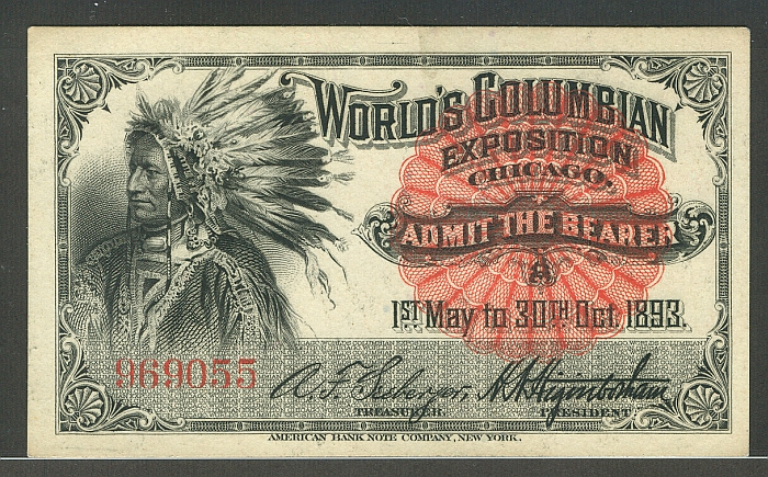 1893 World's Columbian Exposition Ticket - Indian Chief, ChCU